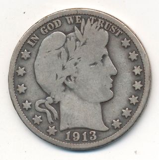 1913 Barber Silver Half Dollar - Semi Key Date - Circulated photo