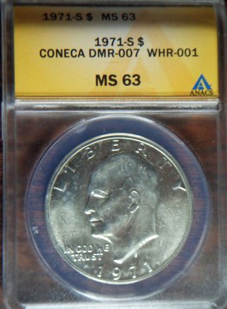 1971 - S Eisenhower Silver Dollar Anacs Ms63 Coneca Dmr - 007 Whr - 001 Ddr Error photo
