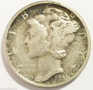 1943 - S Mercury Dime; Collector ' S Coin; Silver; Pretty Rim Toning photo