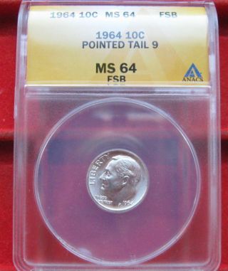 Rarest Production Roosevelt Dime Ever 1964 P Pointed Tail Dime Ms 64 Fsb Silver photo