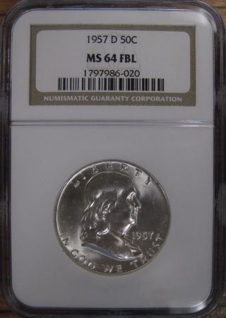 1957 - D U.  S.  Silver Franklin Half Dollar Ngc Graded Ms64 Fbl Gem photo