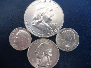 1957 Franklin P 90% Silver Half Dollar+a 1964p Quater,  And 2 Roosevelt Dimes photo