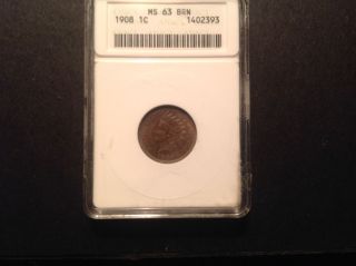 1908 Indian Head Cent Anacs Ms 63 Bn photo