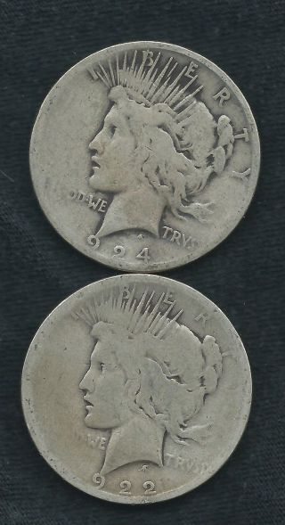 2 Peace Dollars === Junk 90% Silver = 1922 D,  1924 S == Junk Silver photo