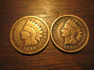 1898 & 1899 Indian Head Pennies Cents Better Bronze Coin photo