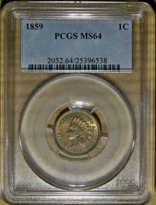 1859 Indian Head Cent Pcgs Ms 64.  Lustrous First Year Indian With Rainbow Color photo