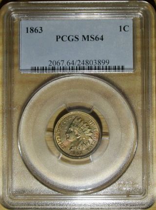 1863 Indian Head Cent Pcgs Ms 64.  Rainbow Toned Copper Nickel Penny photo
