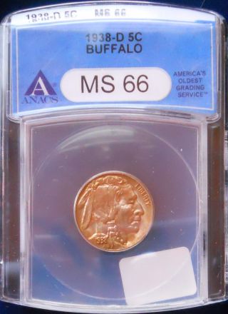 1938 - D Buffalo Nickel Graded Anacs Ms66 With Gold Toning photo