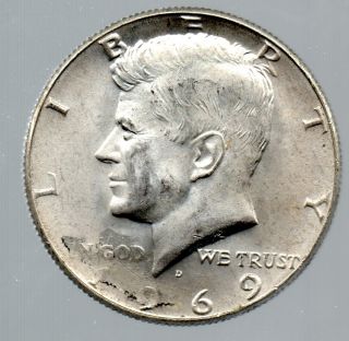 1969 - D Silver Kennedy Half Dollar Error Struck Thru Grease Obv Missing 1,  9 & God photo