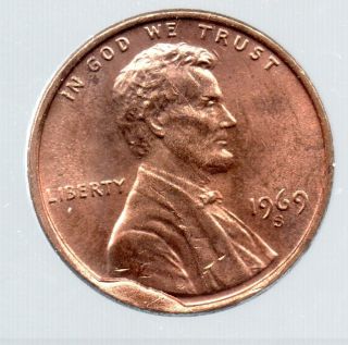 1969 - S Red Lincoln Cent Cud Error Lc - 69s - 3 Base Of Bust Cud photo