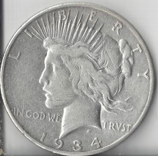 1934 - S Peace Dollar.  Circulated.  Vf. .  77344 Oz Silver. photo
