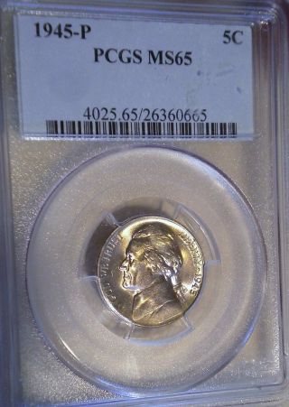 1945 - Jefferson Silver Nickel Graded Ms65 By Pcgs Small Amount Of Rainbow Obv. photo