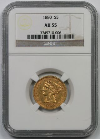 1880 Liberty Head Half Eagle Gold $5 Au 55 Ngc photo