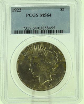 1922 $1 Pcgs Ms64 Peace Silver Dollar (962) photo