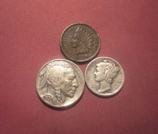 1896 Indian Cent - F+,  1937 Indian Nickel - Au,  1944 90% Silver Mercury Dime - Vg photo