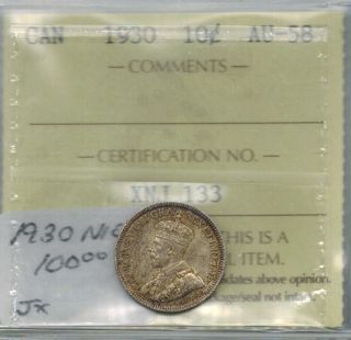 Canada 1930 10 Cents Dime Silver Graded Iccs Au 58 Almost Unc photo
