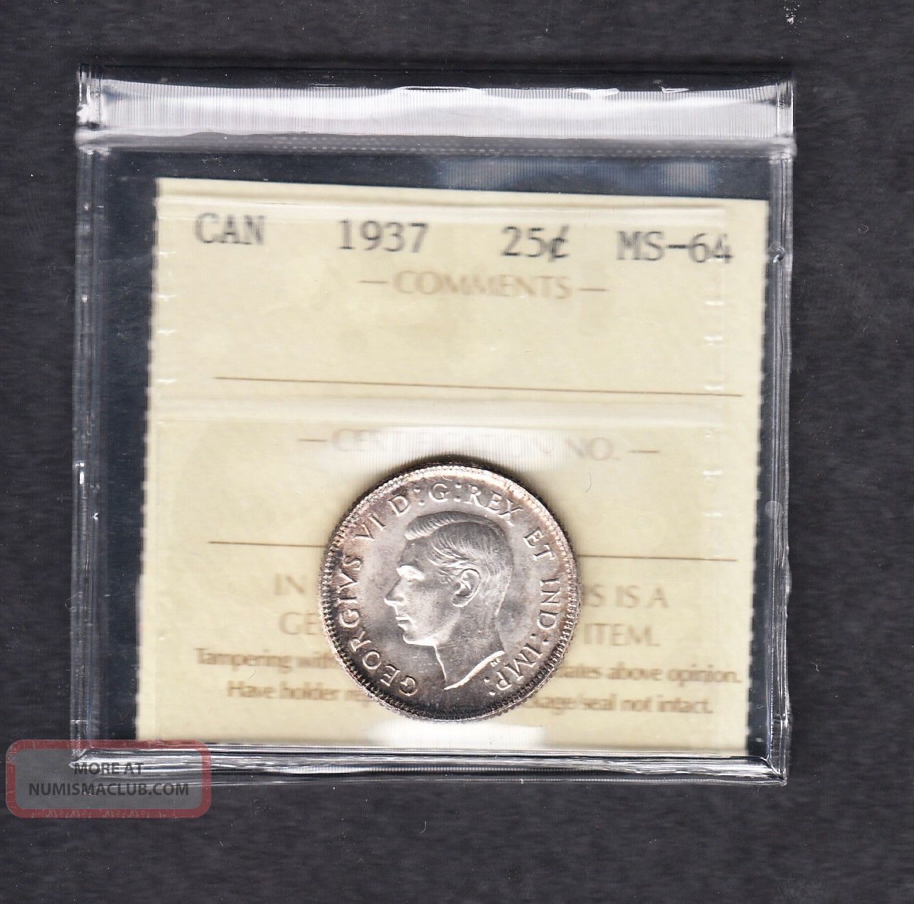 1937 Canada Iccs Graded Silver Quarter Ms 64