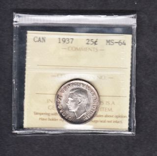 1937 Canada Iccs Graded Silver Quarter Ms 64 photo