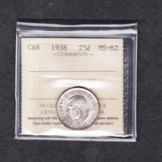 1938 Canada Iccs Graded Silver Quarter Ms 62 photo