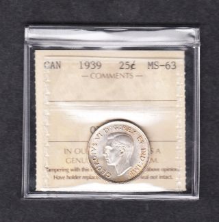1939 Canada Iccs Graded Silver Quarter Ms 63 photo
