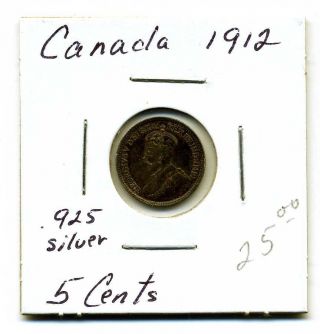 Canada 5 Cents.  925 Silver 1912,  Xf+ photo