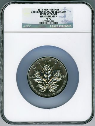 2013 Canada 5 Ounce Silver Maple Leaf Ngc Pf70 Reverse Proof 25th Anniversary Fr photo
