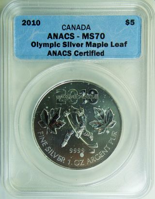 2010 Canada Anacs Ms - 70 $5 Olympic Silver Maple Leaf 5 Dollar 9999 Fine Silver photo
