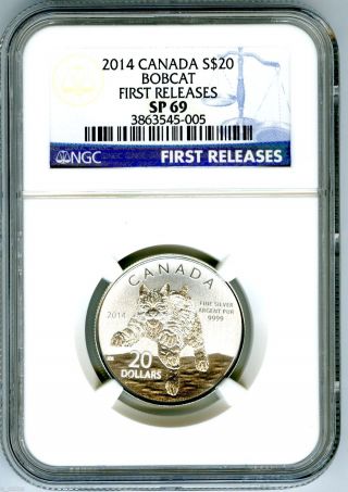 2014 $20 Canada Silver Bobcat Lynx Ngc Sp69 First Releases Blue Label 1/4 Ounce photo