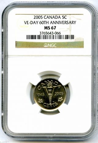 2005 Canada 5 Cent Ngc Ms67 Ve - Day 60th Anniversary Victory V Nickel Wwii Rare photo