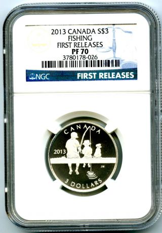 2013 Canada $3 Silver Reverse Proof Fishing Ngc Pf70 Ucam First Releases.  999 photo