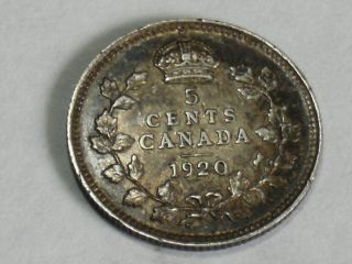 1920 Canadian Five Cent Silver Coin (xf+) 5521 photo