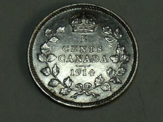 1914 Canadian Five Cent Silver Coin (au) 9935 photo