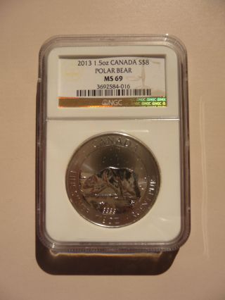 2013 1.  5 Oz Canada $8 Polar Bear.  9999 Silver Coin Graded Ms - 69 By Ngc photo