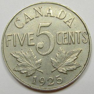 1925 Five Cents Vf - 30 Rare Date Low Mintage Vf - Ef Key Canada Nickel photo