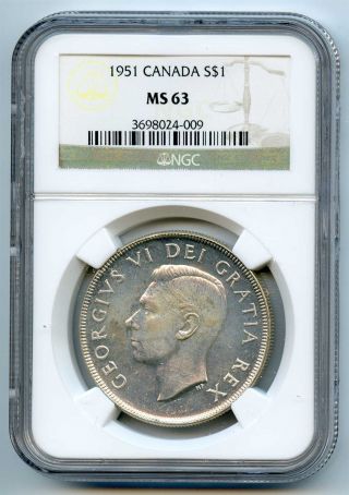 1951 Ngc Ms63 Canada Silver $1 Dollar photo