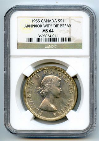 1955 Ngc Ms64 Canada Silver $1 Dollar Arnprior With Die Break photo