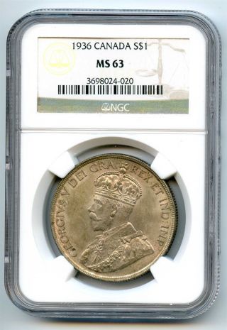 1936 Ngc Ms63 Canada Silver $1 Dollar photo