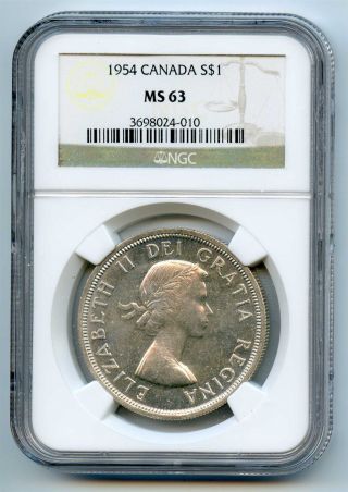 1954 Ngc Ms63 Canada Silver $1 Dollar photo