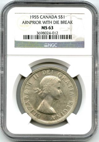 1955 Ngc Ms63 Canada $1 Silver Dollar Arnprior With Die Break photo
