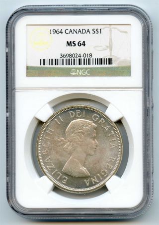 1964 Ngc Ms64 Canada Silver $1 Dollar photo
