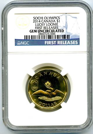 2014 Canada $1 Sochi Olympics Lucky Loonie Ngc Gem Uncirculated First Releases photo