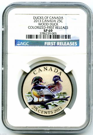 2013 Canada Wood Duck Ngc Sp69 Colorized First Releases Quarter - Error Labeling photo