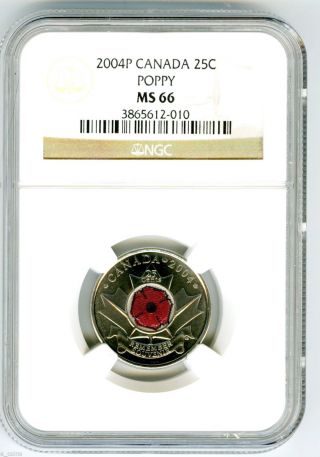 2004 P Canada 25 Cent Ngc Ms66 Poppy Quarter Colorized Rare Grade Low Pop photo