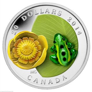 2014 $20 Water Lily With Venetian Glass Leopard Frog,  Fine.  9999 Silver,  No Tax photo