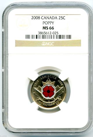 2008 Canada 25 Cent Ngc Ms66 Poppy Quarter Colorized Rare Grade Low Pop photo