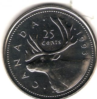 1993 Canada Elizabeth Ii Uncirculated Caribou Quarter Coin photo