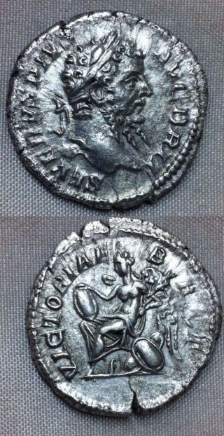 Roman.  Septimius Severus.  Silver Denarius - Victoriae Brit - Victory Seated photo