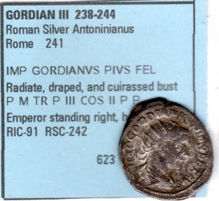 Roman Silver Coin.  Antoninianus Of Gordan Iii Rome 241 Ad A Large V Fine Example photo