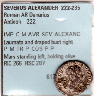 Roman Ar Denarius Severus Alexander Antioch 222 In 2x2 Clear Description Flip Vf photo