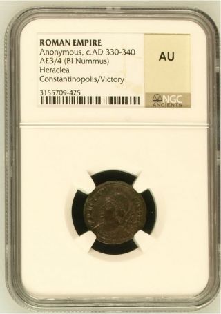 Ngc Au Roman Empire Coin C.  Ad 330 - 340 Ae3/4 Bi Nummus Constantinopolis / Victory photo
